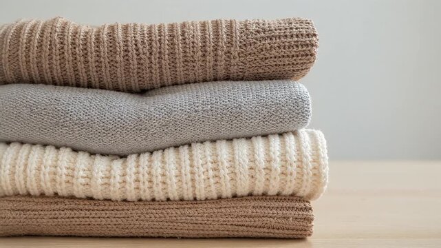 Stack of soft knitted sweaters in neutral colors cozy warm clothing on wooden table