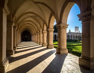 Fototapeta premium Sunny corridor with arches creating shadows across the stone floor