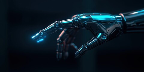 Fototapeta premium Robot hand with glowing blue details, symbolizing artificial intelligence, automation, and future technology with copy space