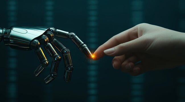 Human and robot hands connecting with a glowing touch, symbolizing artificial intelligence partnership and innovation