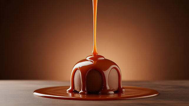 Chocolate sauce pouring over a dessert on a plate