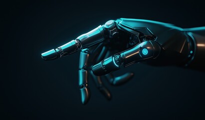 Robot hand with glowing blue details on a dark background, representing advanced cybernetics and human-machine interaction