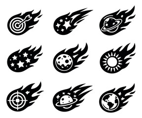 Obraz premium Graphic shooting star set featuring planets, sun, moon, stars, and target for space exploration and success