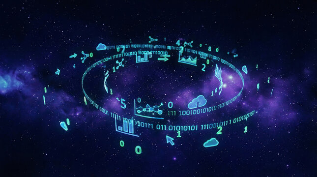 Dynamic digital data visualization forming an abstract glowing ring in cosmic space, representing advanced information networks, artificial intelligence, and the future of interconnected technology