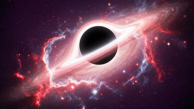 Black hole with swirling red and white accretion disk in space approximately 160 characters