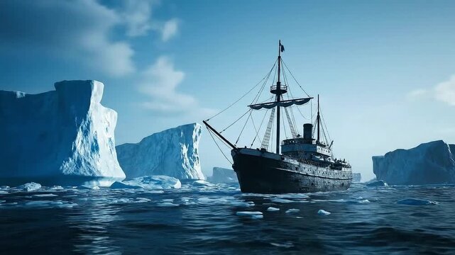 Ship navigates through icy waters near massive glaciers Sailing ship moves calmly across the blue sea under an open sky.
