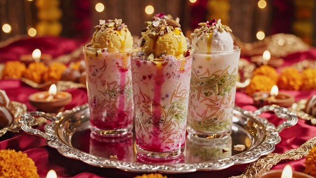 Three Ornate Falooda Glasses Garnished With Saffron Scoops And Chopped Nuts On Silver Platter, Lit Diyas And Marigold Garlands, Regal Banquet Styling, Ceremonial Host Presenting Dessert Offering.
