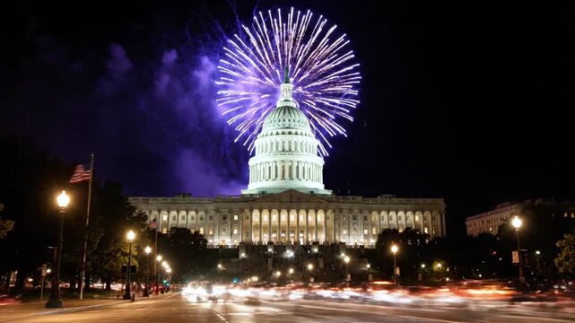 Fireworks Display Over the US Capitol Building in Washington D.C. at Night