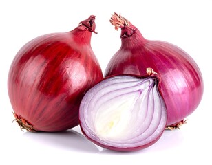 Three red onions, one cut in half, on a clean white background