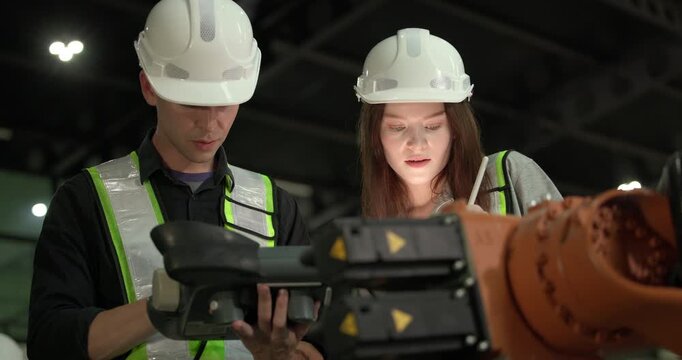 Engineering supervisor mentors trainee in robotics environment, emphasizing the importance of leadership, communication, and continuous education in managing complex machinery and technical processes
