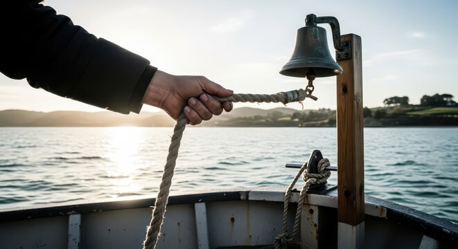 Person pulling thick rope attached to brass ship bell mounted on wooden post over water
