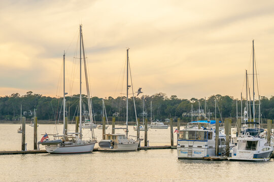 Boats in the river at the Henry C Chambers Waterfront Park in South Carolina State.