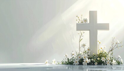 White cross with flowers, bathed in sunlight, on a soft background