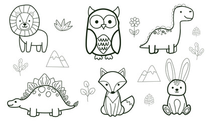 Cute Animal and Dinosaur Doodle Set in Hand Drawn Line Art Style for Kids Coloring © Ai Joo