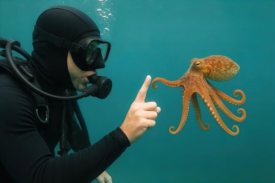 scuba diver and octopus connecting