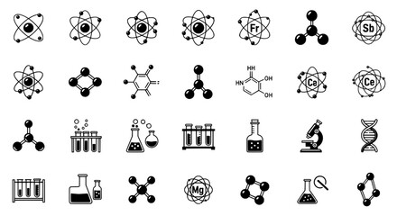 Science related symbols for educational materials, science, molecules, atoms, and lab equipment.