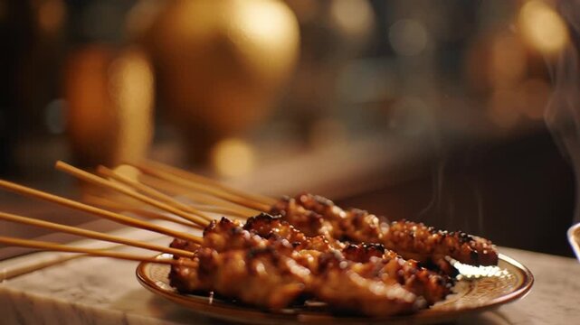 Grilled Meat Skewers on Plate Barbecue Food Closeup