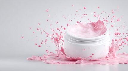 A white jar surrounded by a vibrant pink liquid explosion against a light gray background