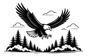 Fototapeta premium Line art illustration of a bald eagle depicting it in flight over a forest for nature and outdoor designs