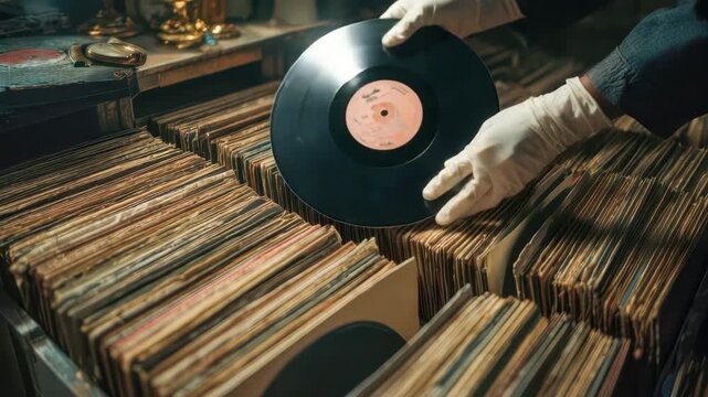 Archivist searching vintage vinyl records with white gloves