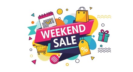 Weekend Sale Banner with Shopping Bag Calendar and Gift Box Icons for Marketing