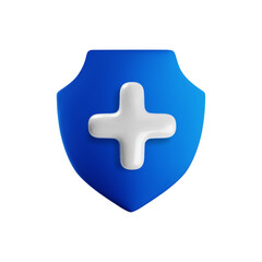 Obraz premium Vector cartoon 3d health protection icon. 3d render of blue shield with white medical cross. First aid sign. Antivirus safety, healthcare, immunity, medical insurance symbol for app, web, game, design