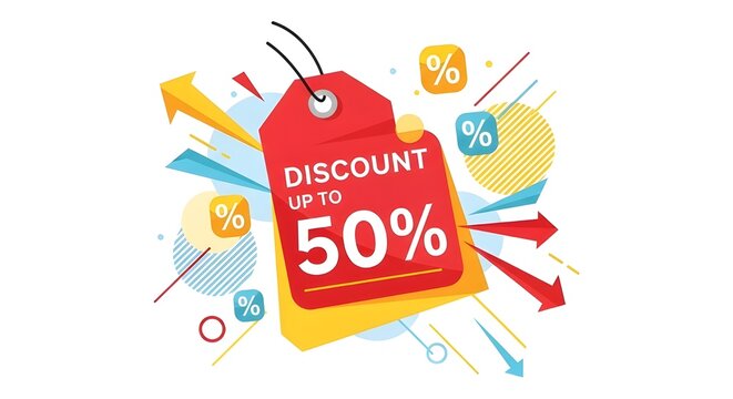 Discount Tag Banner with Up to 50 Percent Off Text for Retail Marketing Promotion