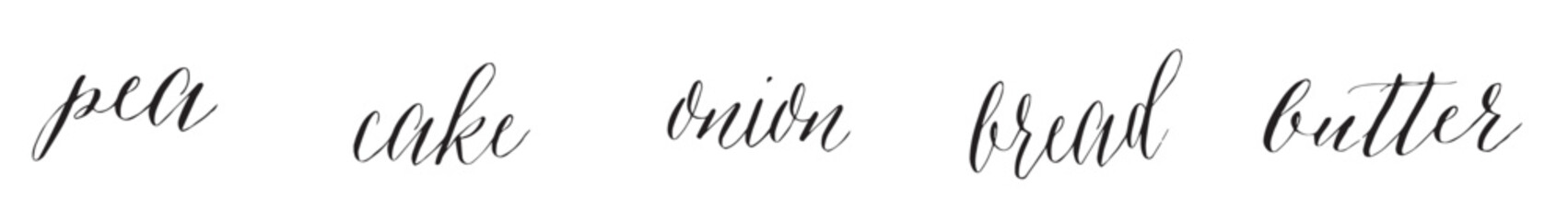 Obraz premium Food names Calligraphic Cursive Typographic Text on White Background. Vegetables Vocabulary Poster – Illustrated Learning Chart, vector illustration. 