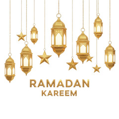 Obraz premium Golden Ramadan Kareem text surrounded by glowing Arabic lanterns and scattered stars, creating a festive and celebratory atmosphere for Islamic holidays.