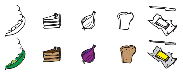 Hand drawn healthy food ingredients collection with fish vegetables fruits nuts herbs mushrooms spices line art doodle sketch on white background.