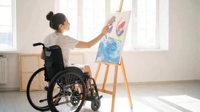 Young woman in wheelchair painting abstract art on easel in bright studio