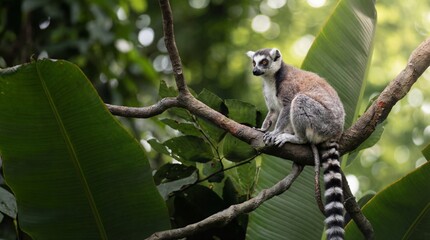 Fototapeta premium A curious ring-tailed lemur (Lemur catta) sits perched on a thick tree branch amidst lush green foliage in a natural jungle setting, with soft bokeh lights in the background.