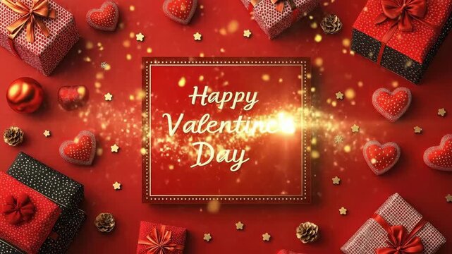 Valentine's day gifts and decorations with red hearts and ribbons on red background. The 14th of February. Happy Valentine's Day
