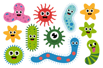 Obraz premium Collection of colorful cute cartoon bacteria and virus characters for kids education and health