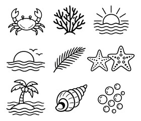 Obraz premium Hand drawn line art ocean elements set featuring a crab, coral, starfish, seashell, palm tree, and sun for summer vacation and beach themes