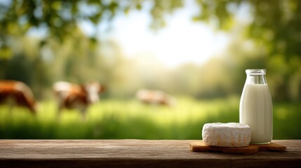Fresh milk bottle and creamy cheese block on rustic wooden table