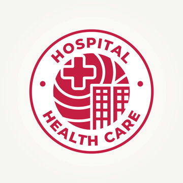 hospital building health care line art icon badge logo vector illustration design
