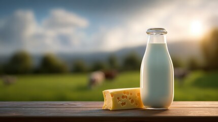 Fresh milk in glass bottle paired with cheddar cheese slice on rustic table