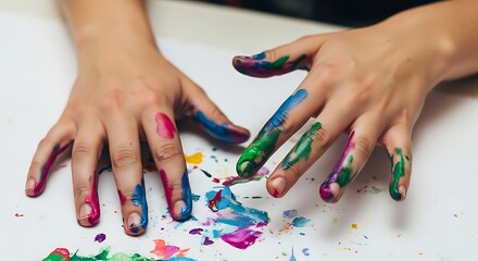 Colorful painted hands creating vibrant finger art on white surface