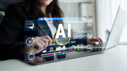Professional Businesswoman Using Laptop to Explore Artificial Intelligence Software Interface for...