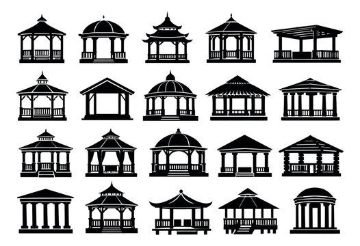 Silhouette gazebo and pavilion set featuring different architectural styles for outdoor garden and park designs
