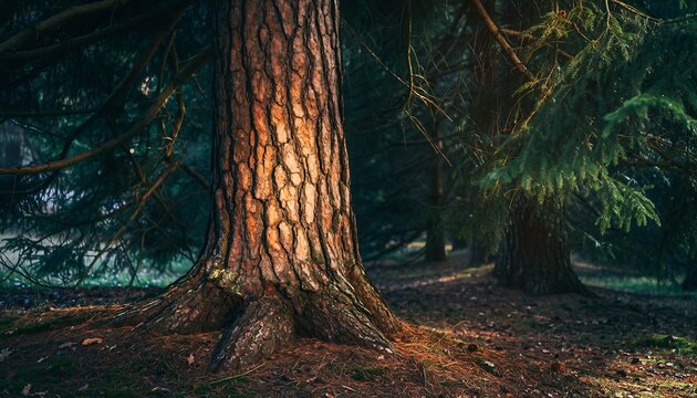 Close-up of a majestic pine tree trunk and its roots in a dark, moody forest, highlighting texture and the essence of nature.