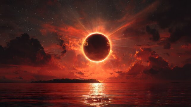 Dramatic solar eclipse over water with vibrant colors and atmospheric light