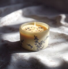 Elegant lavender-scented candle with floral design glowing softly on a cloth