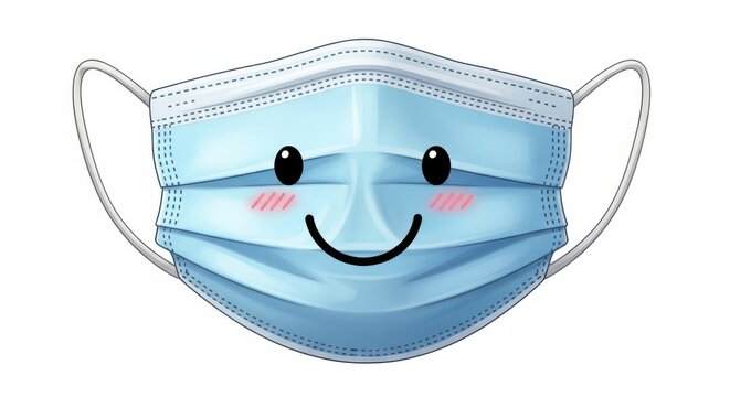 Blue surgical face mask with smiling cartoon face and pink cheeks