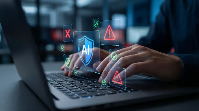 AI risk management and ethics safety concept with checklist and alert icons floating over laptop as professional ensures responsible artificial intelligence system through compliance