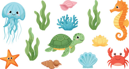 Cute sea animals and underwater elements set with turtle jellyfish seahorse crab and coral vector illustration © Kharshad Creative