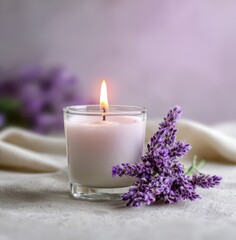 Glowing lavender candle beside fresh purple floral sprigs on soft cloth