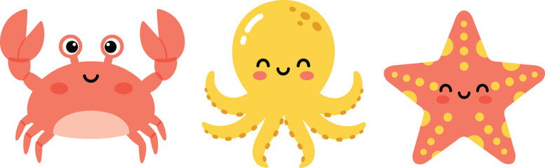 Cute sea animals set with smiling crab octopus and starfish cartoon underwater vector illustration © Kharshad Creative