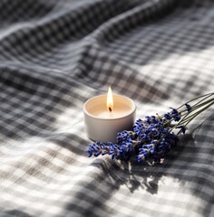 Glowing candle beside fragrant lavender sprigs on checkered fabric